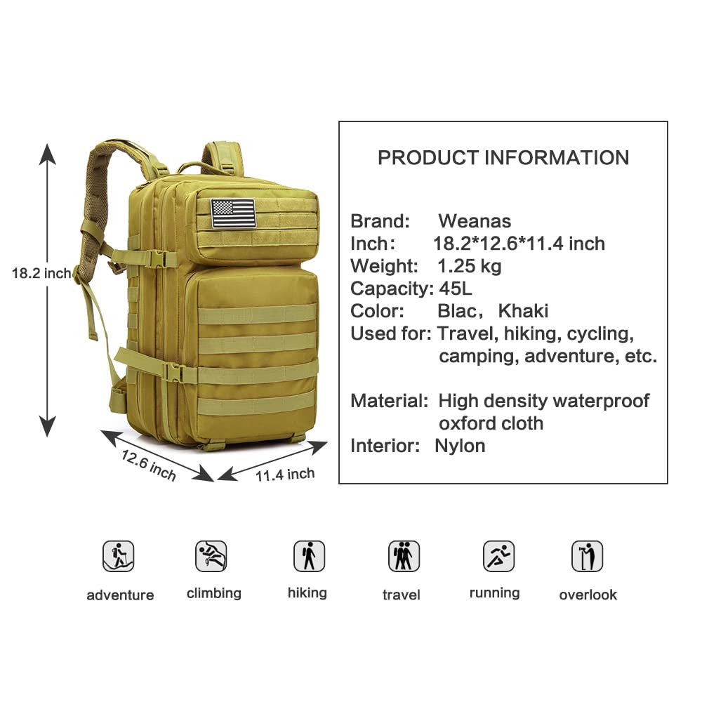 Zaino Tattico, 45L Zaino Militare Molle per Trekking all'Aperto, Campeggio, Caccia e Viaggi per Uomini e Donne (Verde Militare)