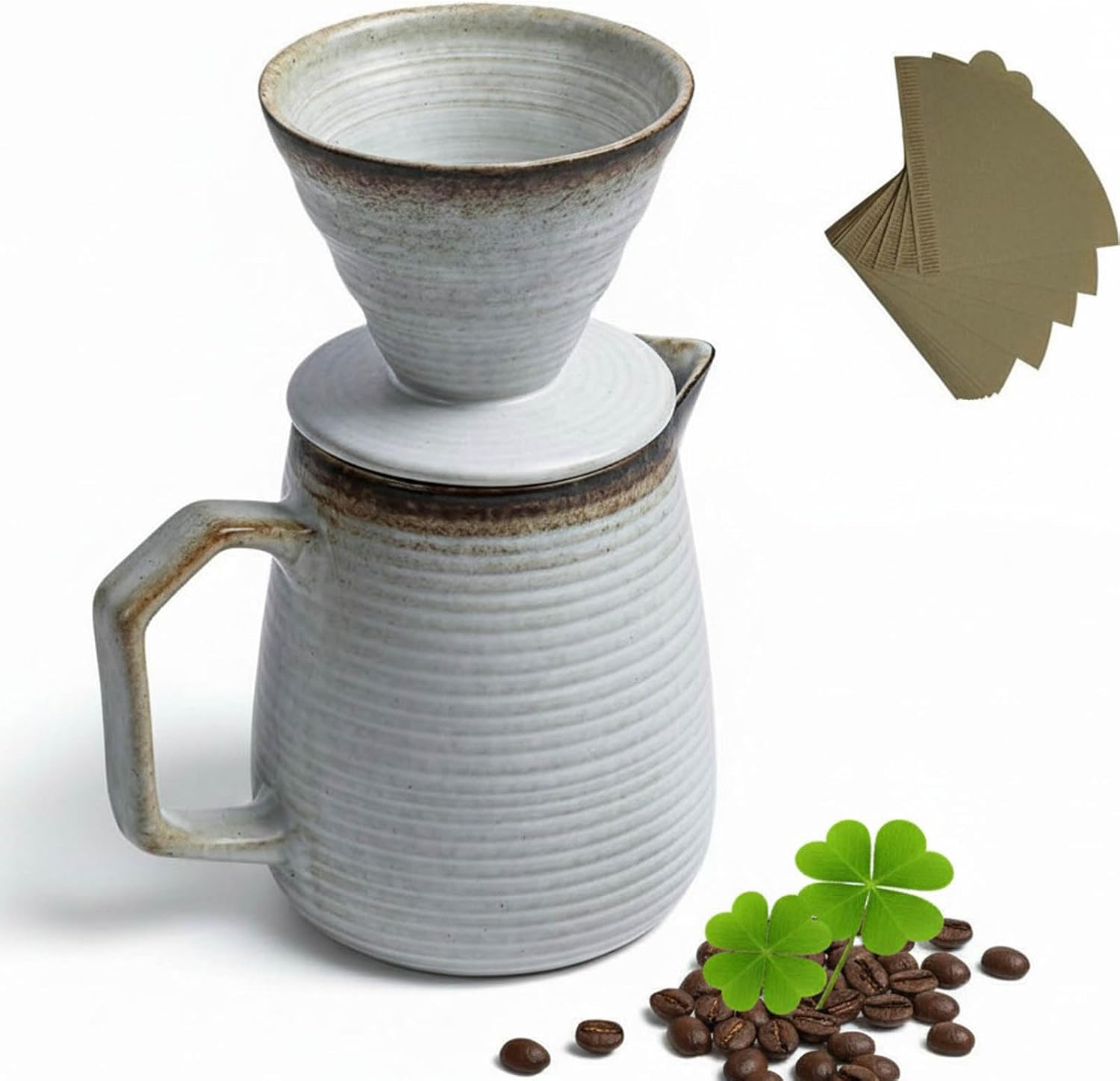 Pour Over Coffee Maker Set – Ceramic V60 Dripper Pot, Heat-Resistant & Easy Clean, Manual Slow Drip Coffee Brewer for Office, Home, Camping 1-3 Cup Pour Over Kit 20 coffee filters (white)