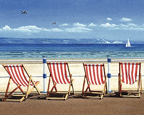 Margaret Heath "Four Red Deckchairs Digital" Canvas Print, Cotton, Multi-Colour, 3.20 x 40.00 x 50.00 cm