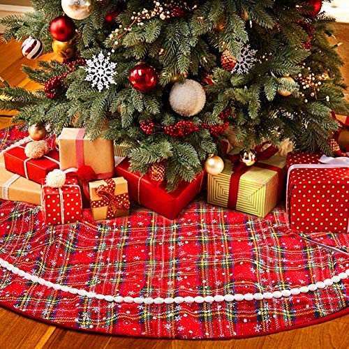 Aitsite Buffalo Plaid Christmas Tree Skirt 48 Inch Thick Rustic Xmas Tree Skirt for Christmas New Year Holiday Party Home Ornaments Decorations Indoor Outdoor (Red)
