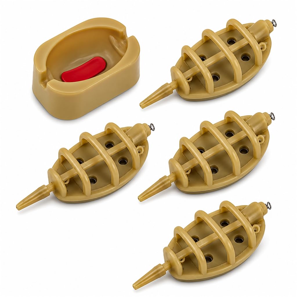 5 Pieces Large Inline Method Feeders for Carp Fishing with Quick Release Mould, 30g 40g 50g 60g Brown Feeder Set for Bait Presentation, Lake River Coarse Fishing Tackle, Brown