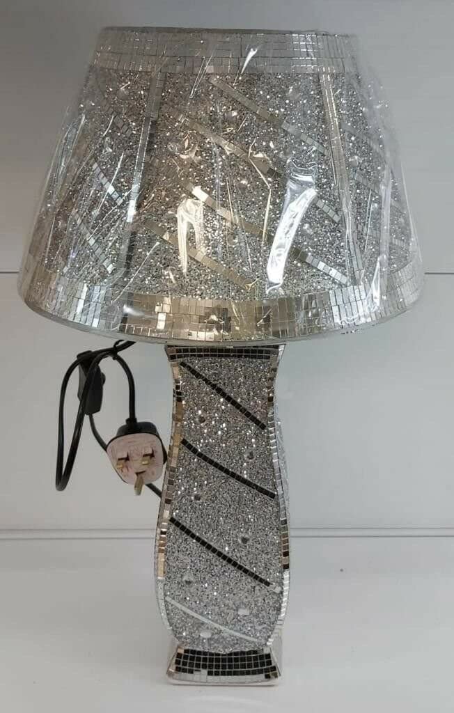 Biznest Silver Glitter Crushed Diamond Table Lamp Shade Ornament Home Gift Diamante Square Base 45X30Cm