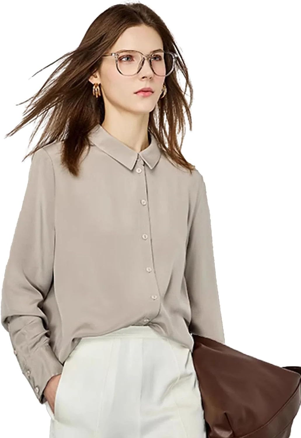 DAISYSILK 30 Momme Women’s Heavy Silk Button-Up Blouse, 100% Mulberry Silk Crepe, Long Sleeve Shirt for Work