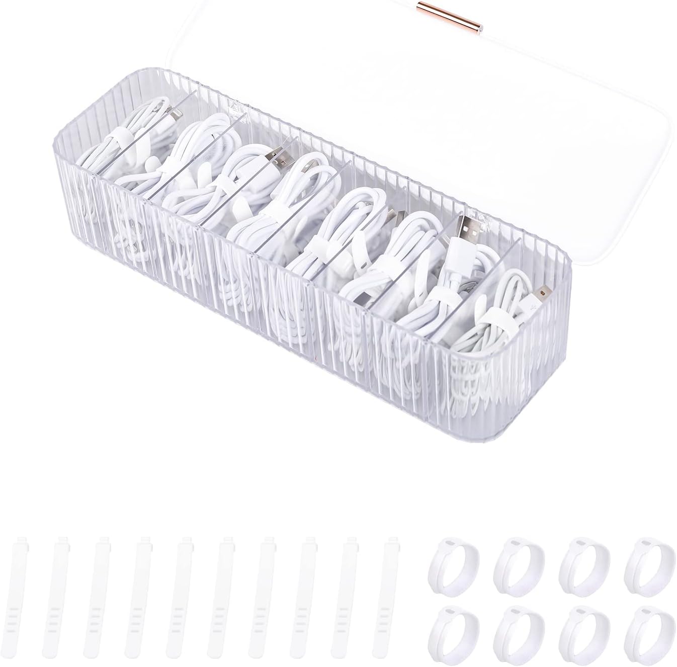 Yesesion Plastic Cable Management Box with Lid and 10 Wire Ties, Portable Clear Cell Phone Cord Storage Organizer with 8 Compartments, Electronics Accessories Case for Office, Desk Drawer (White)