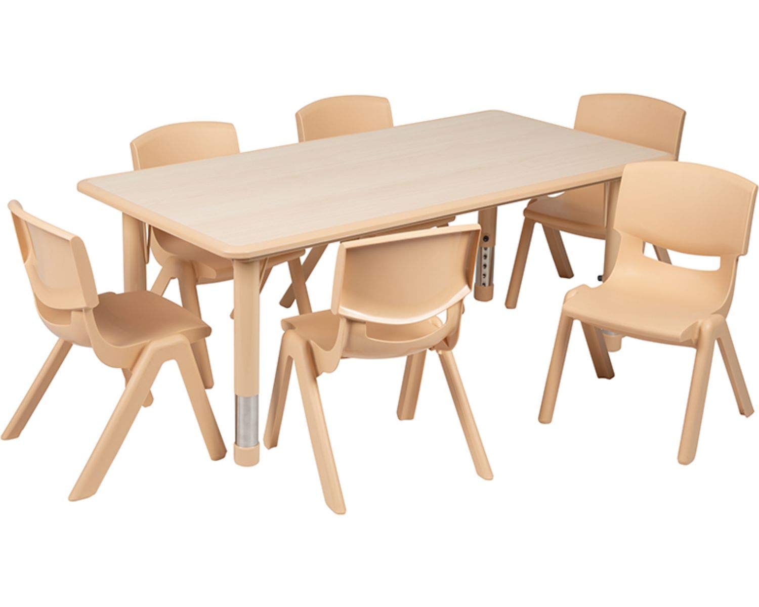 Flash Furniture Emmy Adjustable Classroom Activity Table with 6 Stackable Chairs, Plastic Activity Table for Kids, 23.625" W x 47.25" L, Natural