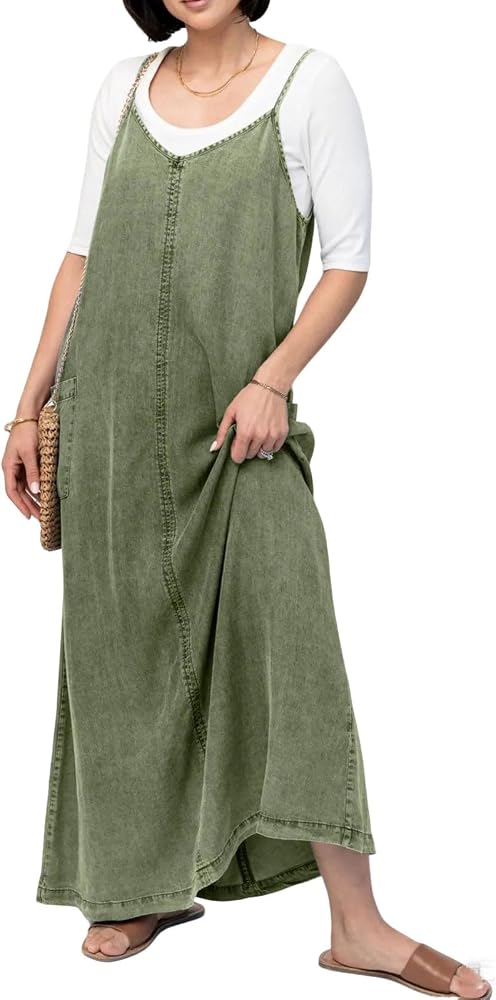 loveimgs Women Vintage Spaghetti Strap Denim Maxi Dress Long Jean Overall  Dress Flowy Boho Sundress Summer Lightweight (Small,ArmyGreen) at Amazon  Women's Clothing store
