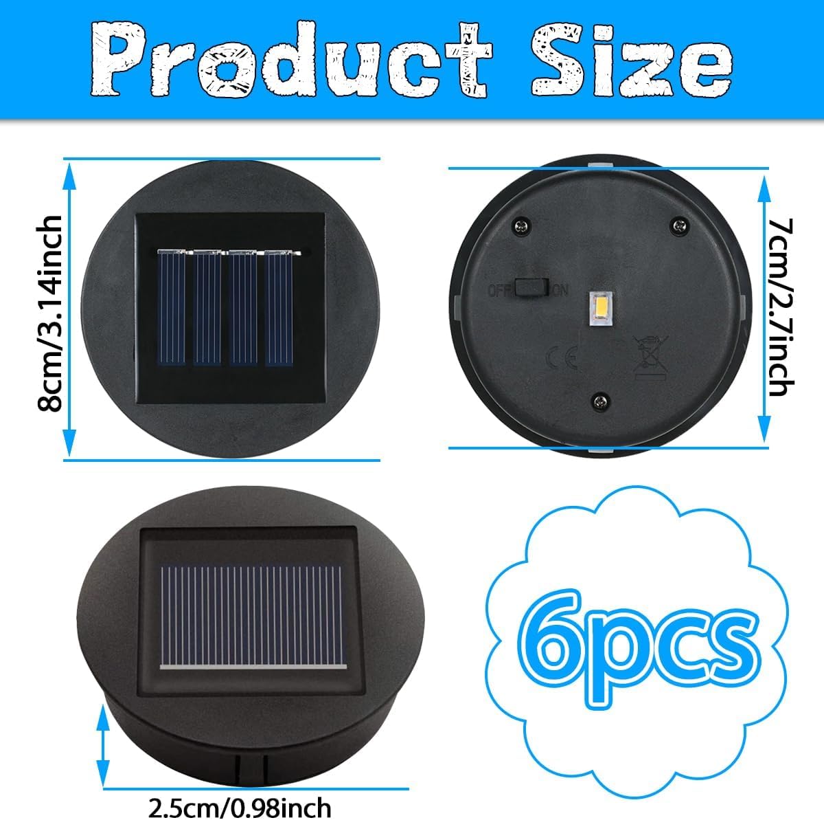 6 Pack Solar Light Replacement Top, Replacement Solar Light Parts for Lantern - 8 cm - Waterproof IP44, Waterproof LED Replacement for Outdoor Garden, Pathway, Yard Lights & Decor