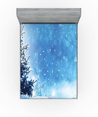 Miniatura 3 de Ambesonne Sábana bajera ajustable de invierno, temporada nevada del año, copos de nieve de pino congelado que caen, ropa de cama de tela decorativa