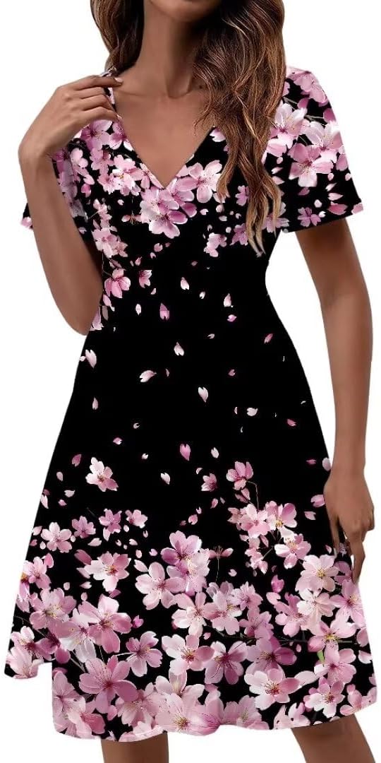 Hummingbird Womens Short Sleeve V Neck Dress Floral Summer Casual A-Line Slim Fit Party Club Beach Sundresses