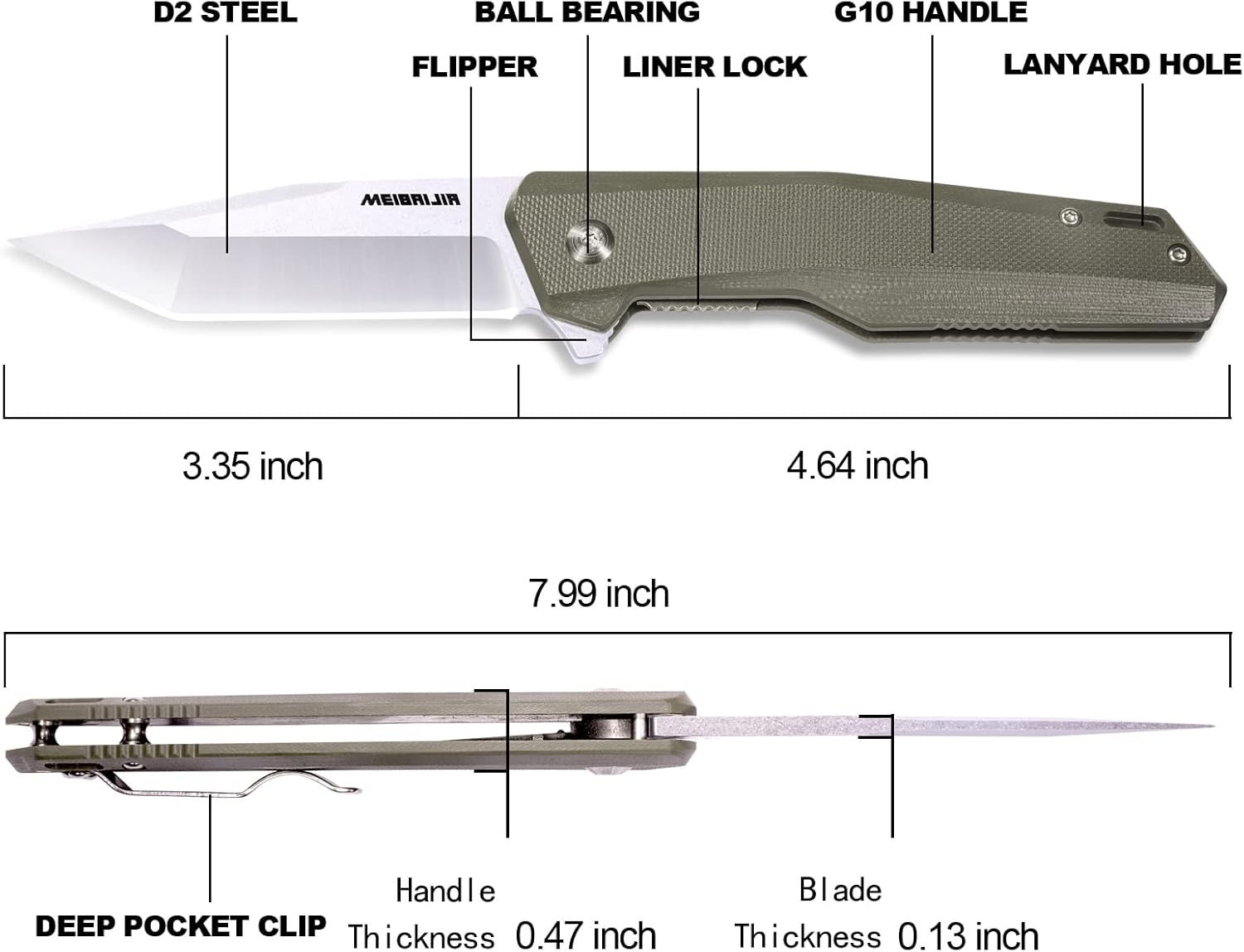 Pocket Knife D2 Blade Folding Knife with G10 Handle, Smooth Flipping Action EDC Knife with Ball Bearing for Hiking Camping Outdoor, Gifts for Men