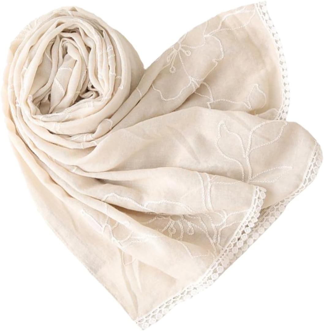BESTYASH Women Embroidery Lace Scarf Shawl, Pure Color Polyester Beige
