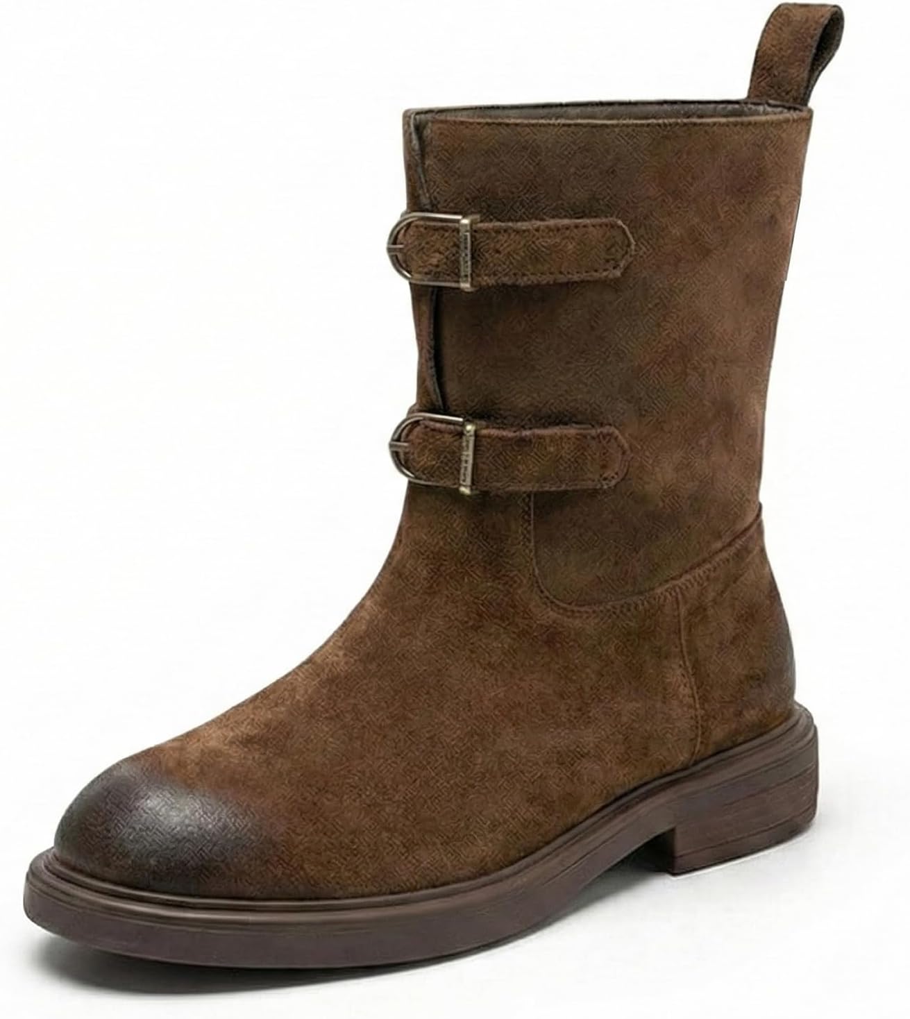 Women's Suede Low Heel Western Cowboy Distressed Mid-Calf Boot Stylish Soft Wide Calf Round Toe Pull On Non-Slip Chunky Heel Short Riding Boot Casual Fall Winter Dress Booties