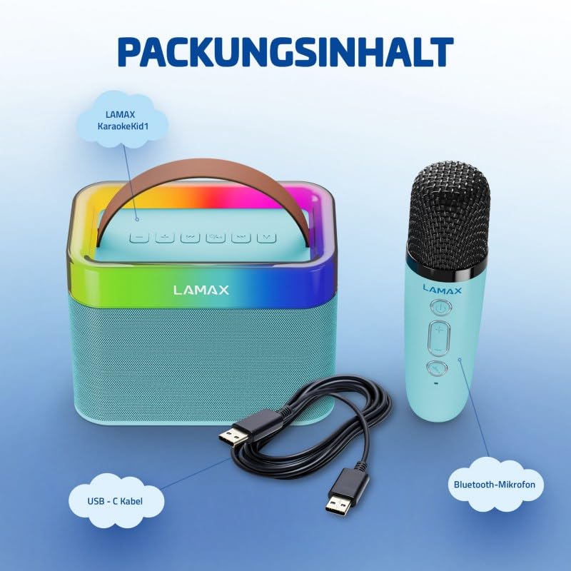 LAMAX KaraokeKid1 Blue, przenośny głośnik dziecięcy z trybem karaoke i mikrofonem do karaoke ze zmieniaczem głosu. Do słuchania i rozrywki, wzornictwo dla dzieci, Bluetooth 5.3, podświetlenie LED