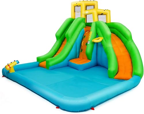 JIMUOO - Casa de rebote de doble tobogán, parque acuático al aire libre con toboganes dobles, pared de escalada, gran área de salto, borde de