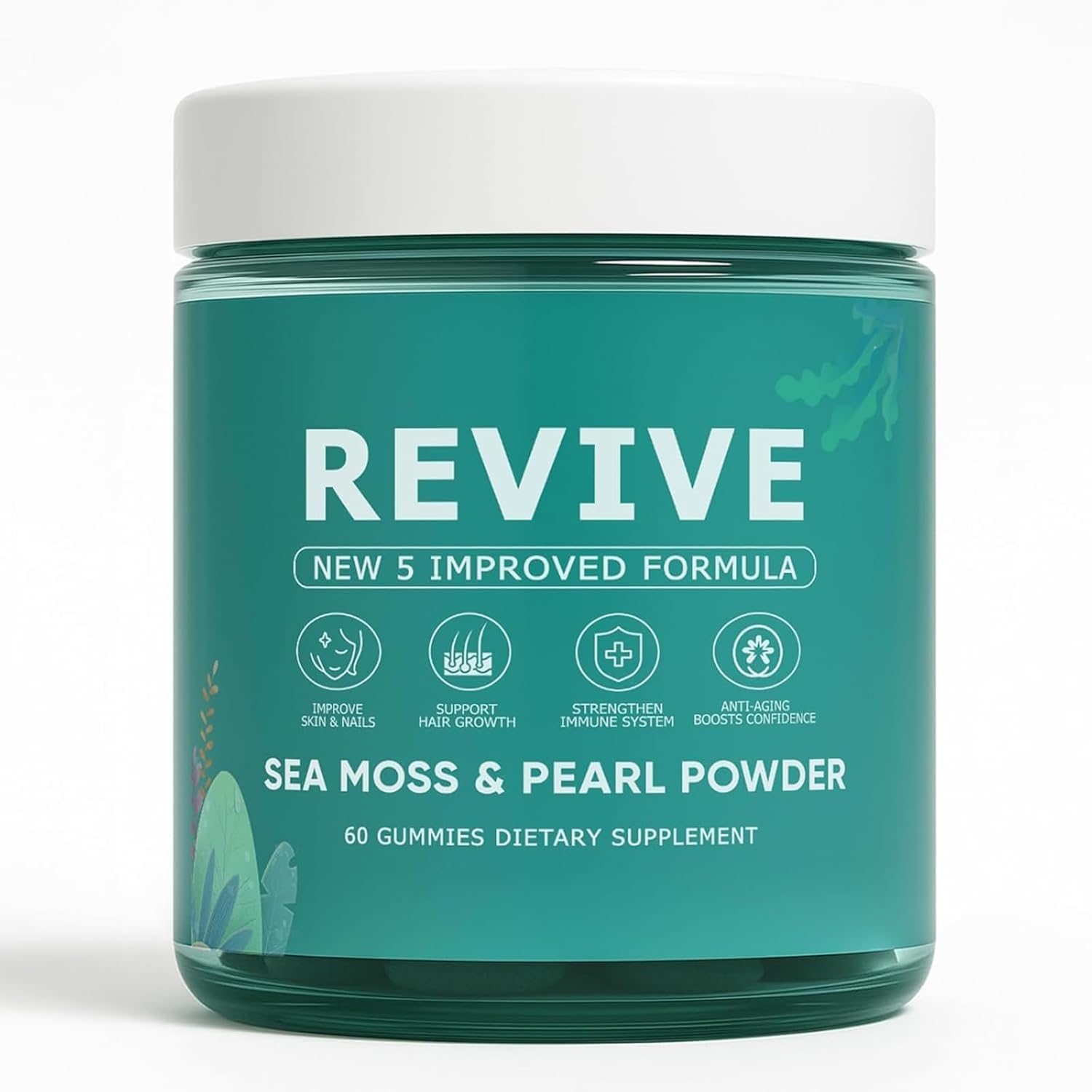 Revive Hair Gummies, Balmbare Revive Gummies for Hair, Promotes Thicker, Fuller, Stronger Hair, with Organic Irish Sea Moss, Pearl Powder Glow, Vitamin C/E, Aloe Vera, 60 Count
