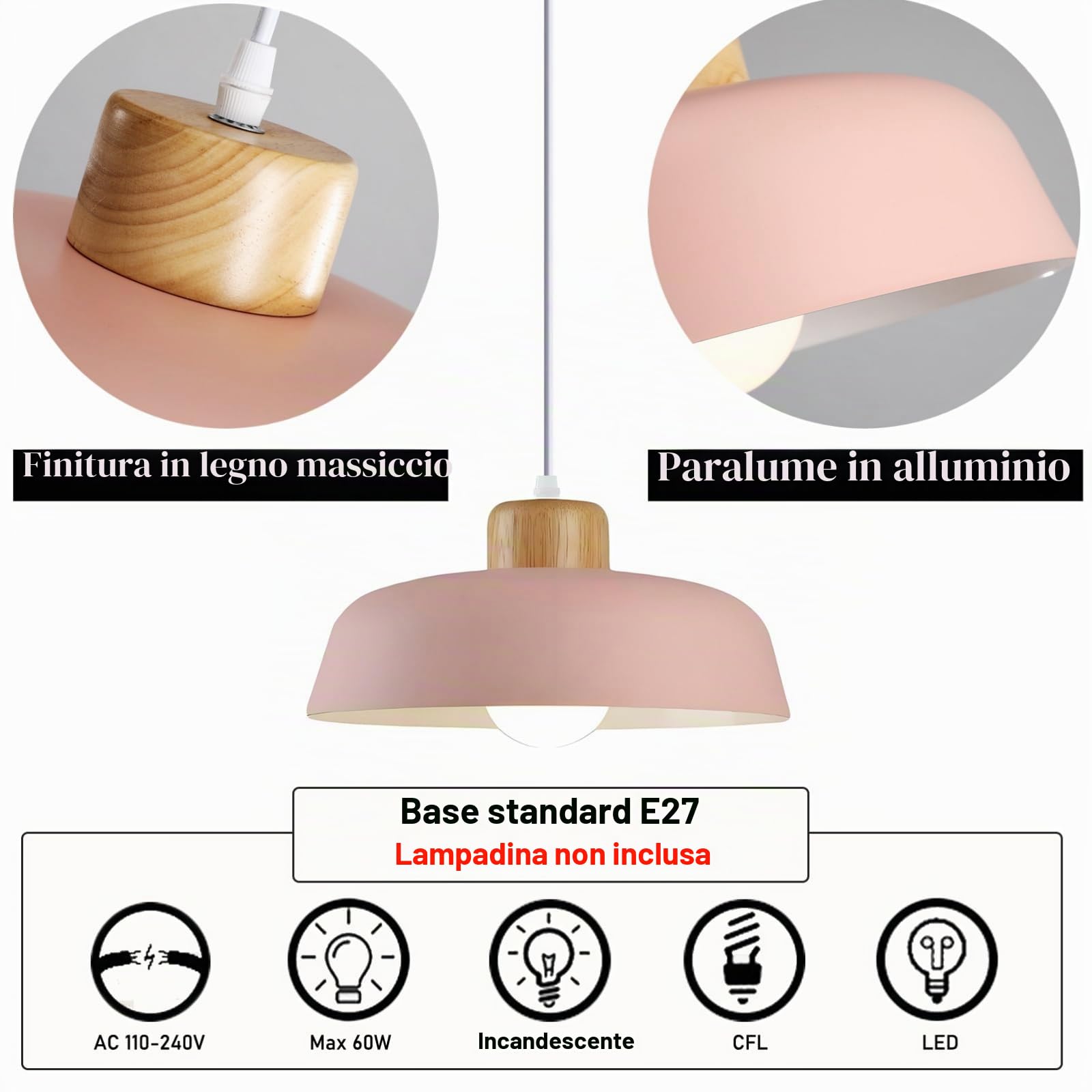 30cm Lampadario Rotondo Moderno in Metallo & Legno, Lampada a Sospensione Semplice E27 per Soggiorno Cucina Camera da Letto (Rosa)