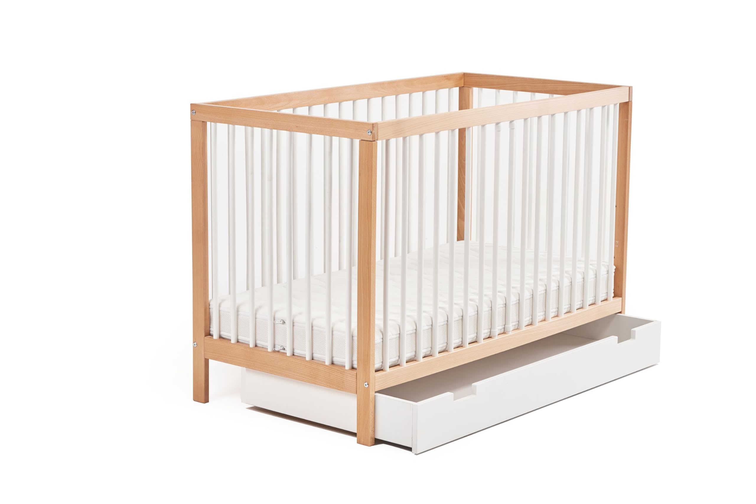 Kids Collective Culla con cassetto Culla 60x120 & 70x140 cm regolabile in altezza e con pioli estraibili Lettino per bambini | 70x140 cm legno di faggio bianco naturale molto robusta Made in Europe