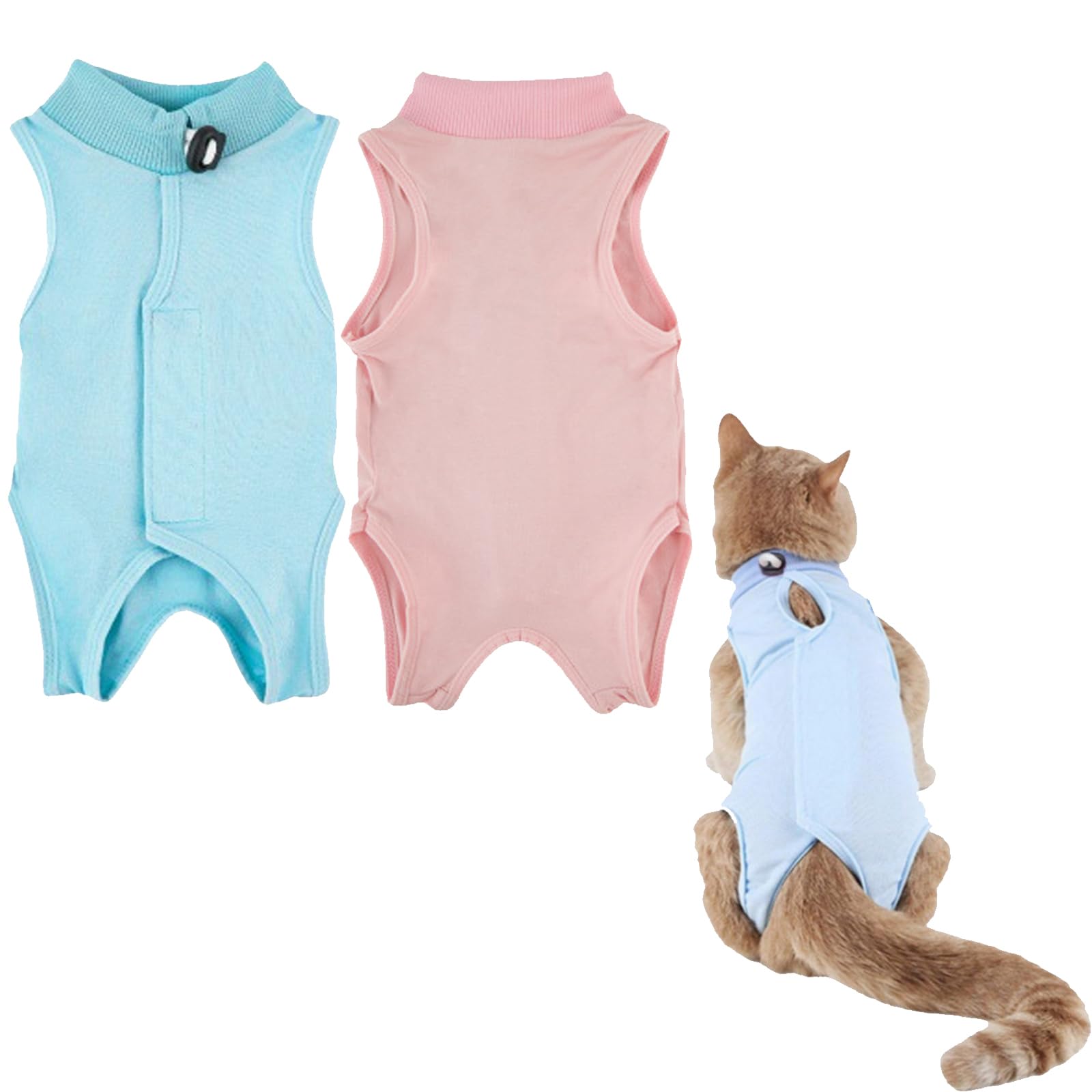 2PCS Gilet de Récupération de Chat,Body Chat Post Opératoire Stérilisation, Combinaison de Récupération pour Chat Anti Léchage， Protection Post-Chirurgie, Contre Les Maladies de Peau -Rose + Bleu(M)