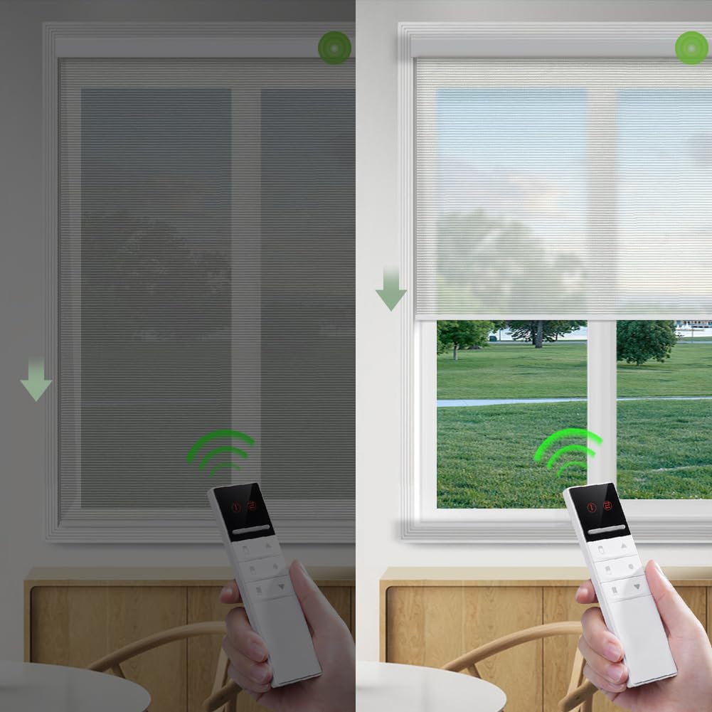 YESCENT Motorized Window Roller Blinds Rechargeable Electric Motor Solar Shades Transparent Sight Customized Size for Home Office Hotel Club Restaurant (82067F-Grey)