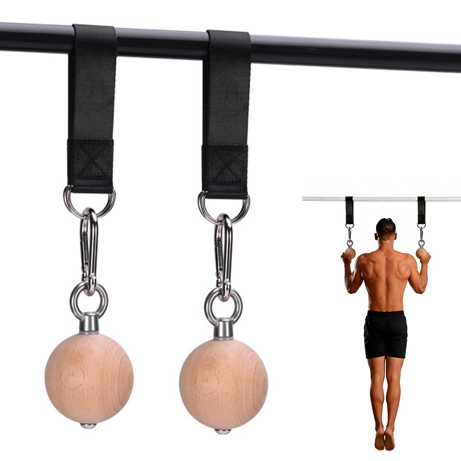 Tissting 2 Pcs Pull Up Ball Grip, Wooden Nonslip Rock Climbing Holds Training Ball Grip Strength Trainer Pull Up Power Ball for Chin Up Kettlebell Barbell Home Gym