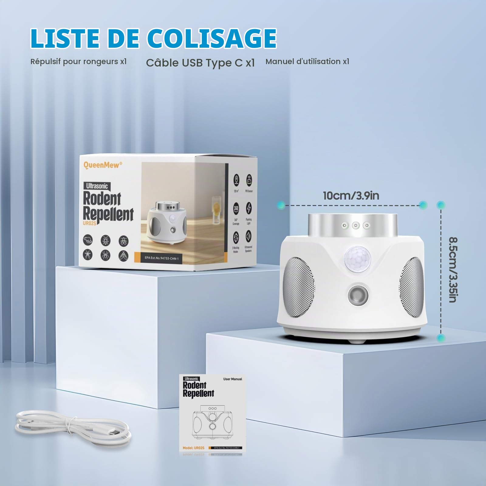 Ultrasons Souris et Rats avec 3 Emetteurs à Ultrasons, 3 Modes Anti Souris Répulsif Souris Brancher avec 9 Lumières Stroboscopiques, 360° Anti Rongeurs pour Rat Araignée Moth