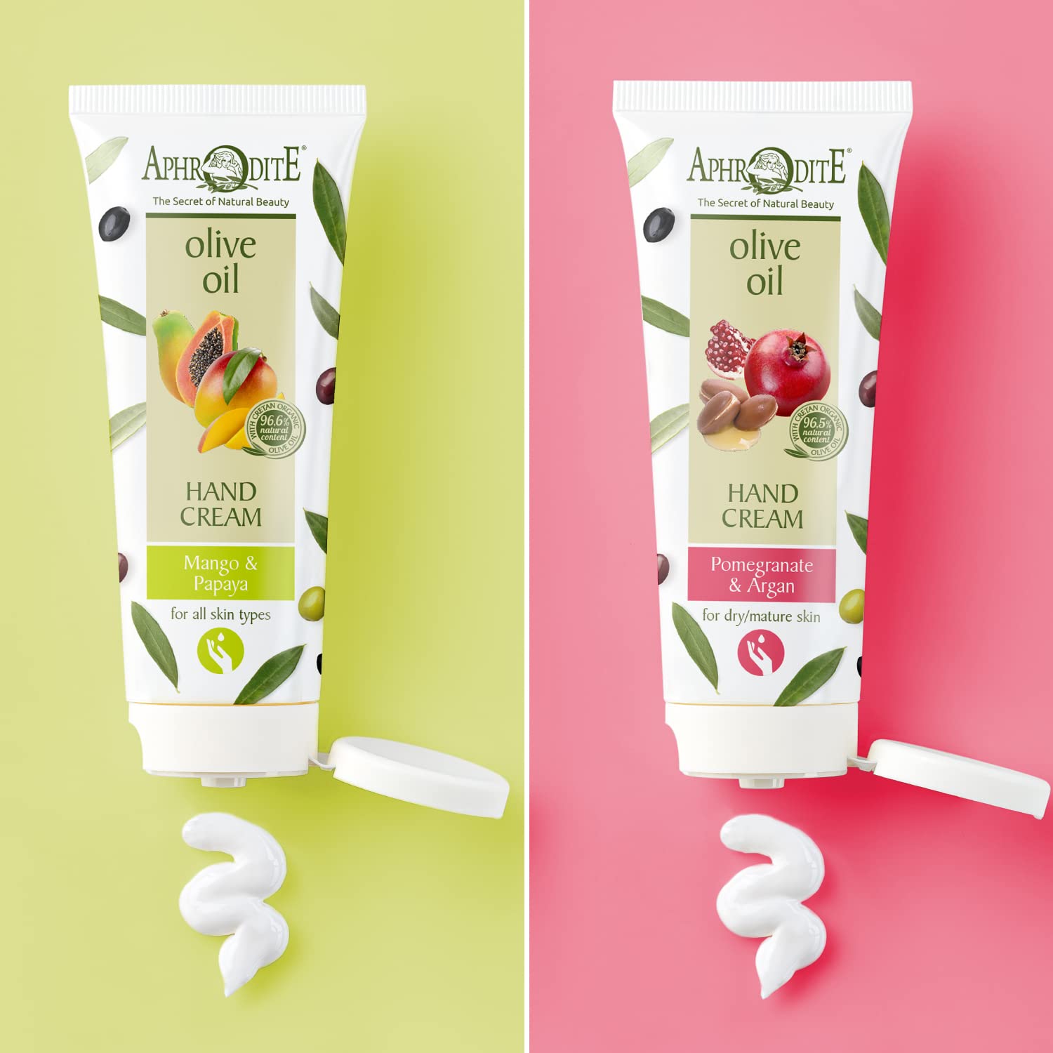 Krem do rąk Aphrodite -100% naturalny-2 sztuki.Zestaw 2 wykonany z najczystszej greckiej organicznej oliwy z oliwek (Mango & Papaya/Argan & Pomegranate)