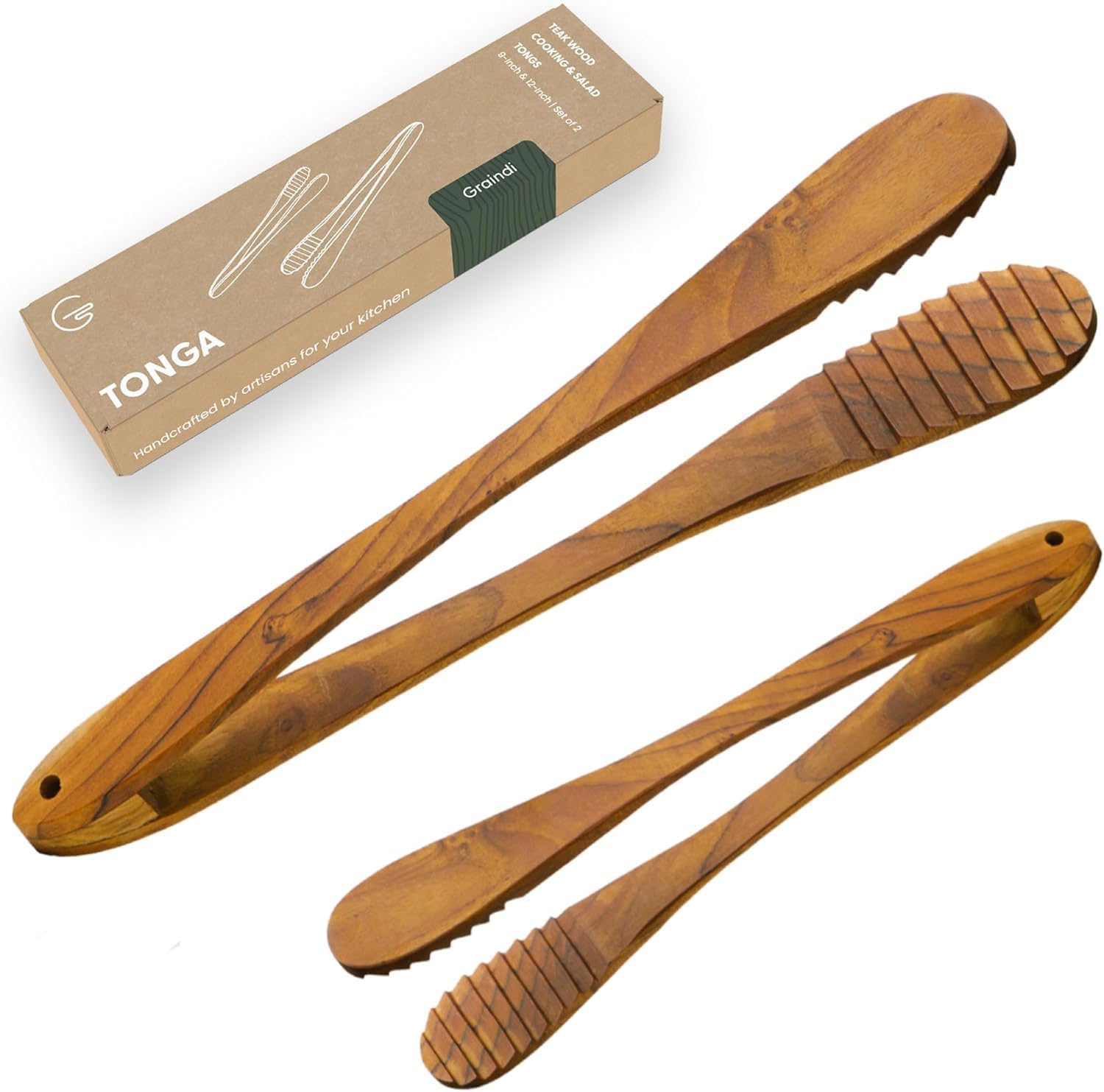 Teak Wood Tongs for Cooking & Salad Serving (9" & 12", Set of 2) | Wooden Tongs for Food, Bacon, BBQ, Charcuterie, Kitchen | Non Stick & Scratch