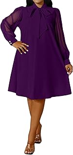 Women's Puff Sleeves A-Line Dress V Neck Bow Loose Flowy Cocktail Party Dress with Pockets