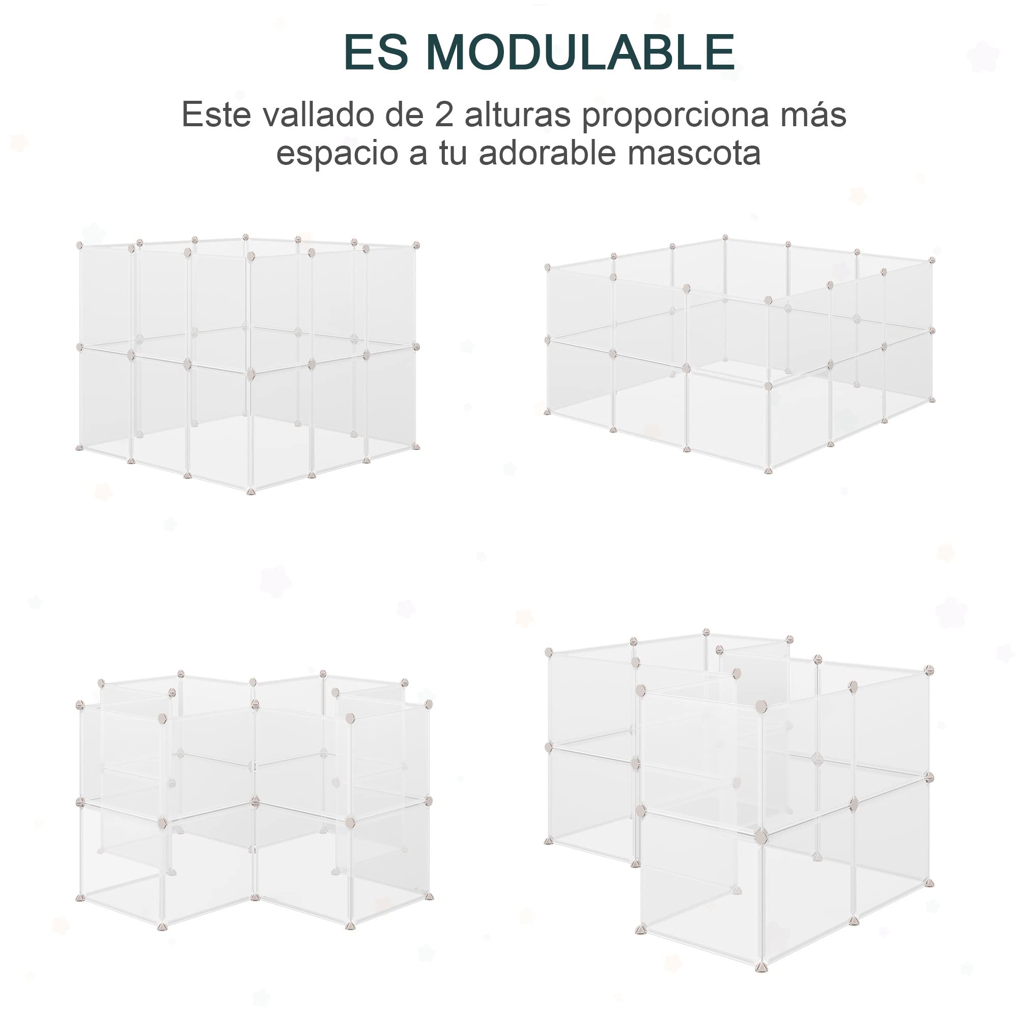 PawHut Valla para Mascotas, Jaula Modular, Recinto Interior de Plástico Transparente con 12 Paneles, 24 Conectores, para Cobayas, 105x105x45 cm, Blanco