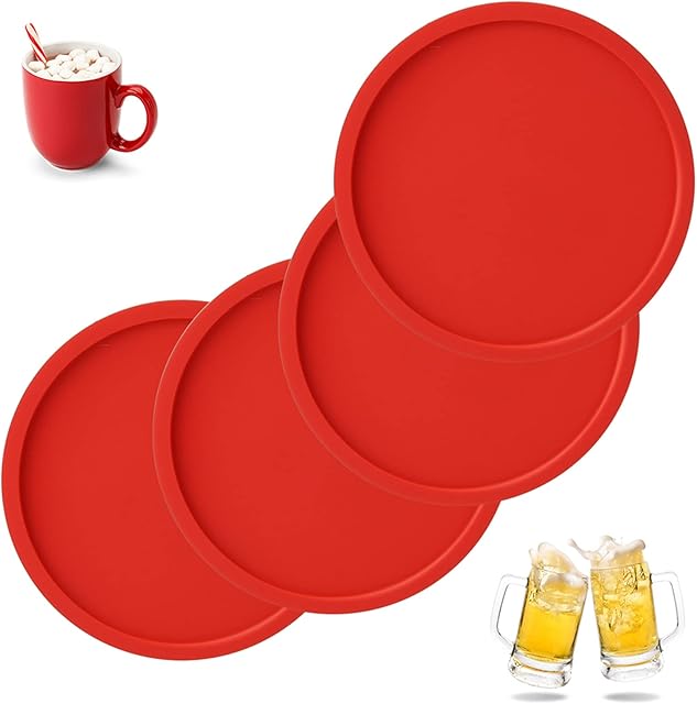 Dacitiery Set of 4 Drink Coasters,Silicone Coasters Non-Slip Cup Mats,Suitable for Cold Drinks, Hot Drinks, Coffee Cups And Other Beverage Coasters(Red)
