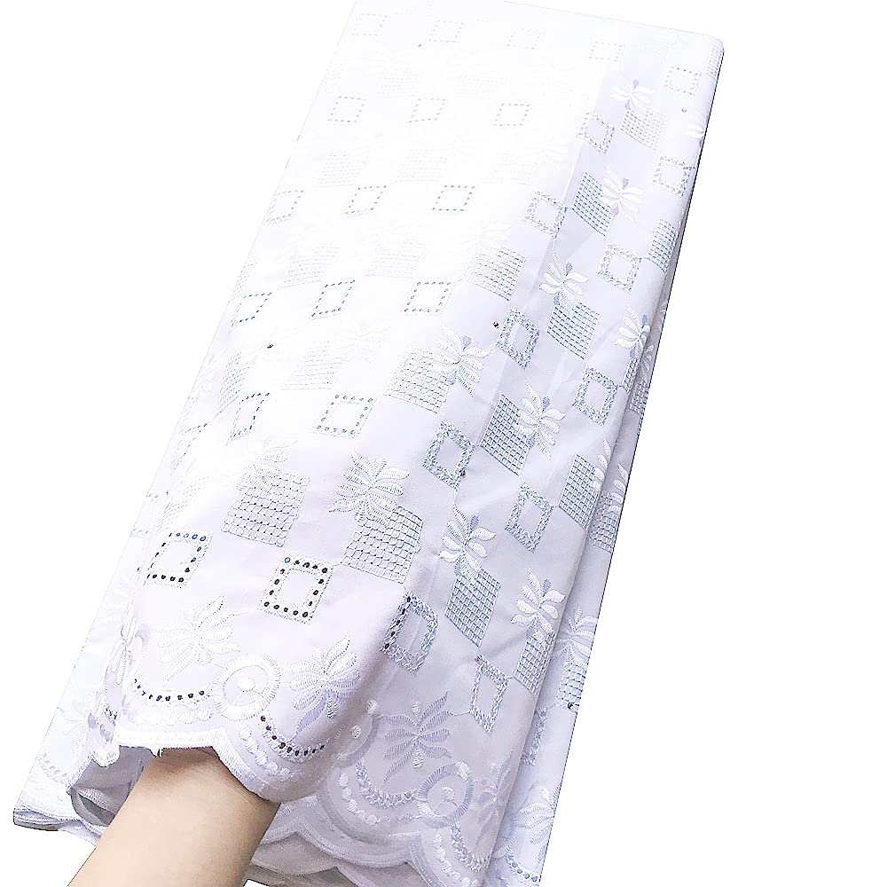 WorthSJLH Cotton African Lace Fabric 5 Yards Swiss Voile White Lace Fabrics Nigerian Lace Fabrics Dry Lace with Stones LF952