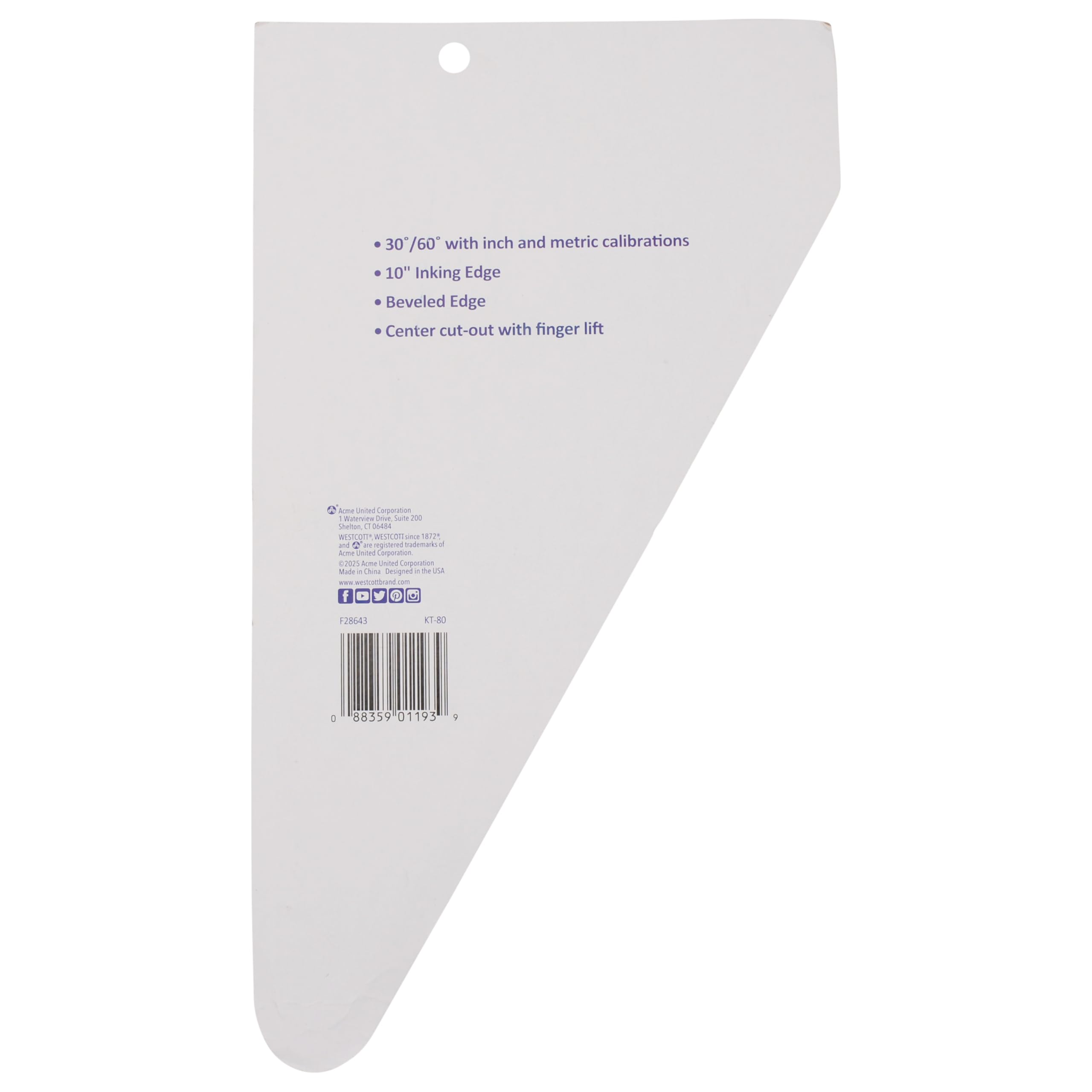 Westcott Dreiecks-Set, 25,4 cm, 30/60/90, transparentes Acryl mit Aussparung in der Mitte, 12er-Pack (KT-80)
