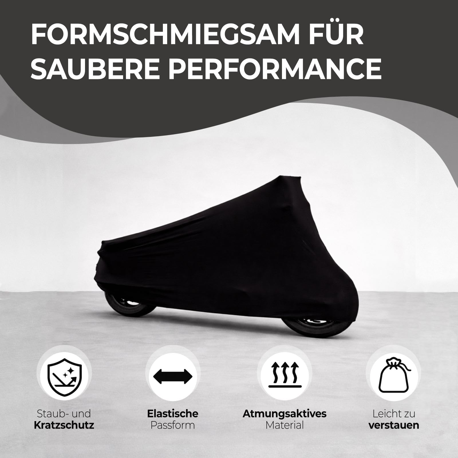 Indoor Premium Motorrad Abdeckung, unsere formanpassende Motorradplane Perfect Stretch, eine Schutzhülle für innen, Abdeckplane in 3 Farben & 3 Größen (Schwarz, XS-S)