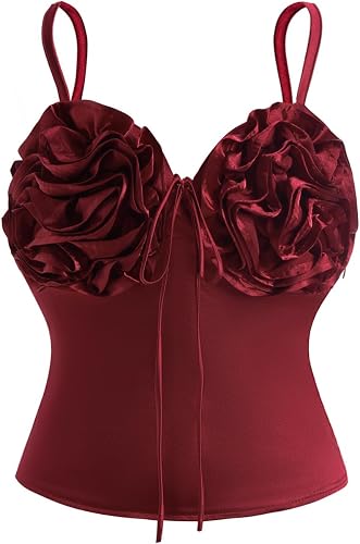 winkbay Women's Satin 3D Floral Top Summer Tie Front Deep V Neck Spaghetti Strap