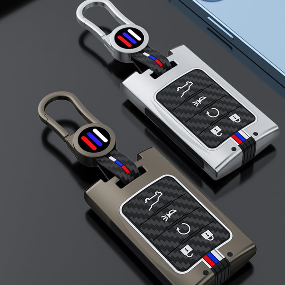 Zinc Alloy Car Key Fob Cover Case Protector Shell Compatible for Cadillac SRX DTS STS XTS CTS Escalade,Chevrolet C7 Corvette(5 Buttons Silver)