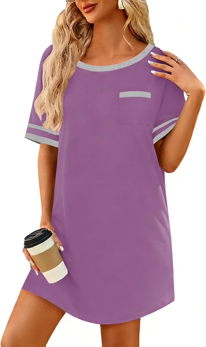 Ekouaer Cotton Nightgowns for Women Short Sleeve Color Block Night Gown | Ladies Crew Neck Nightgown Comfy Cotton Fabric Pajama Dress Plus Size Sleep Dress Chest Pocket Sleep Shirt S-4XL