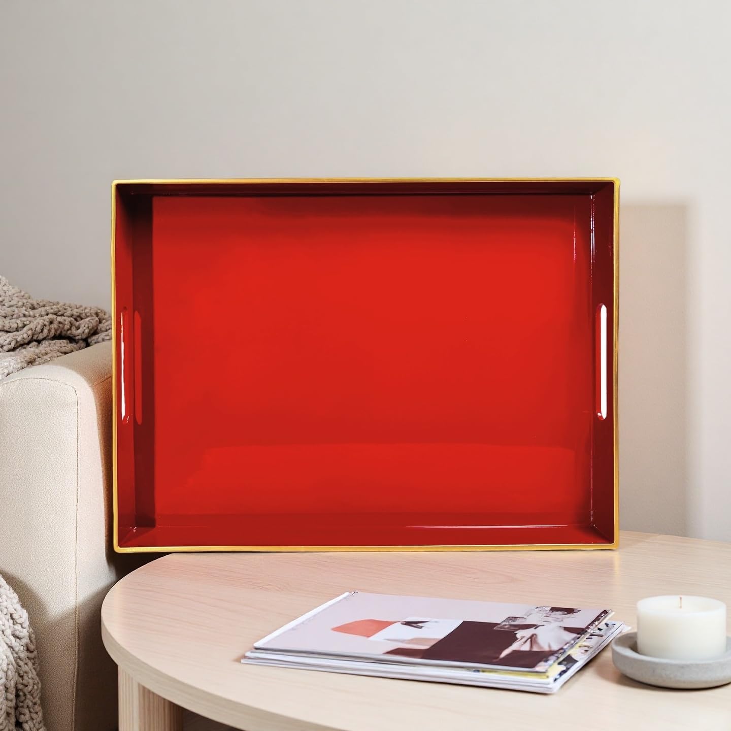 Large Red Rectangular Decorative Tray – Plastic Serving Tray with Handles for Coffee Table, Ottoman, Living Room, 15.7” x 11.8” x 1.6