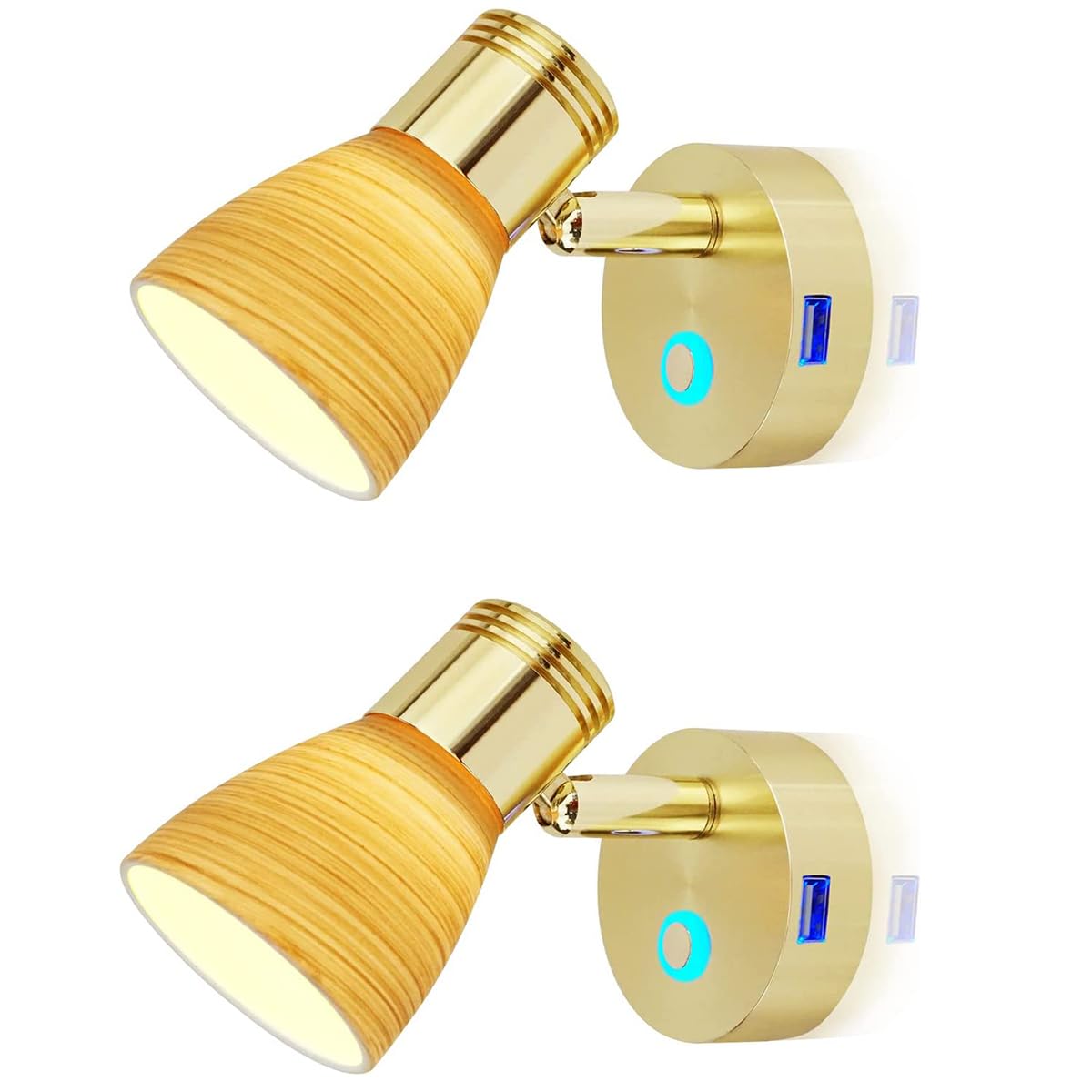 2 luces de lectura RV de 12 voltios con puerto USB, vidrio esmerilado con acabado pulido de madera, luces interiores, aluminio con acabado dorado