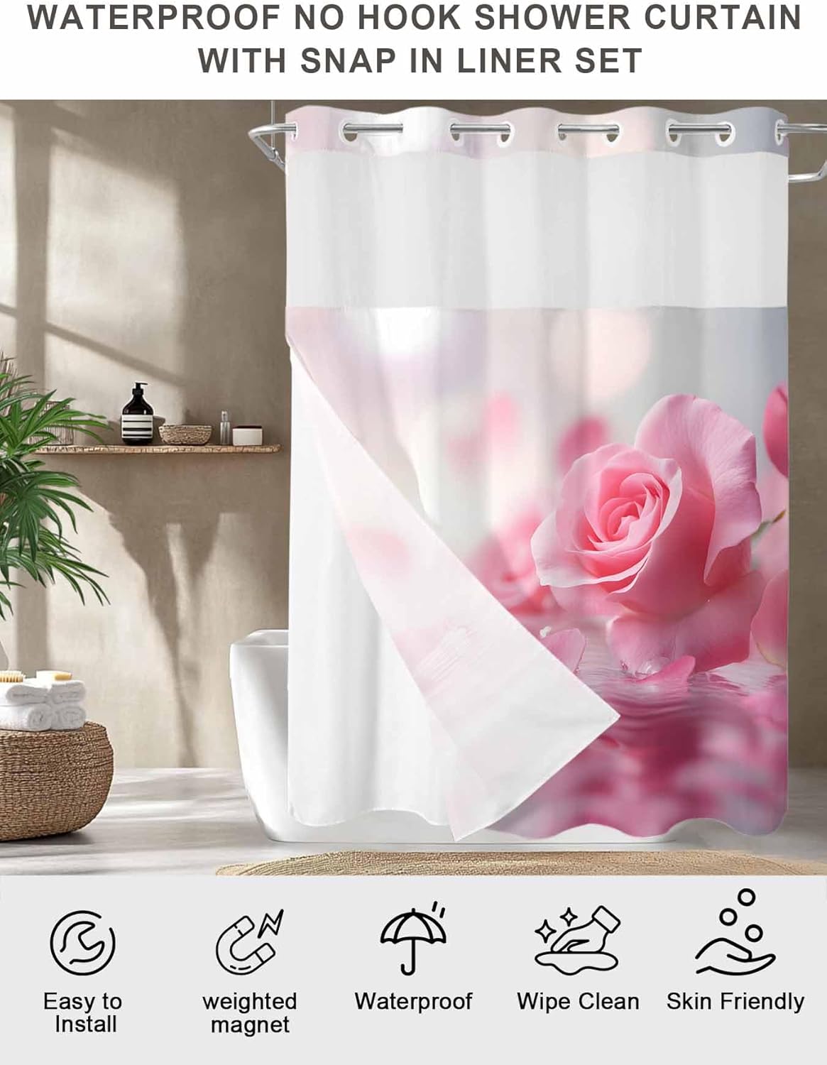 No Hook Shower Curtain, Pink Rose Fantasy Small Shower Curtains with Snap in Liner, Elegance Floral Romantic Reflection Waterproof Washable Fabric Bathroom Curtain Sets, 36" x 78"