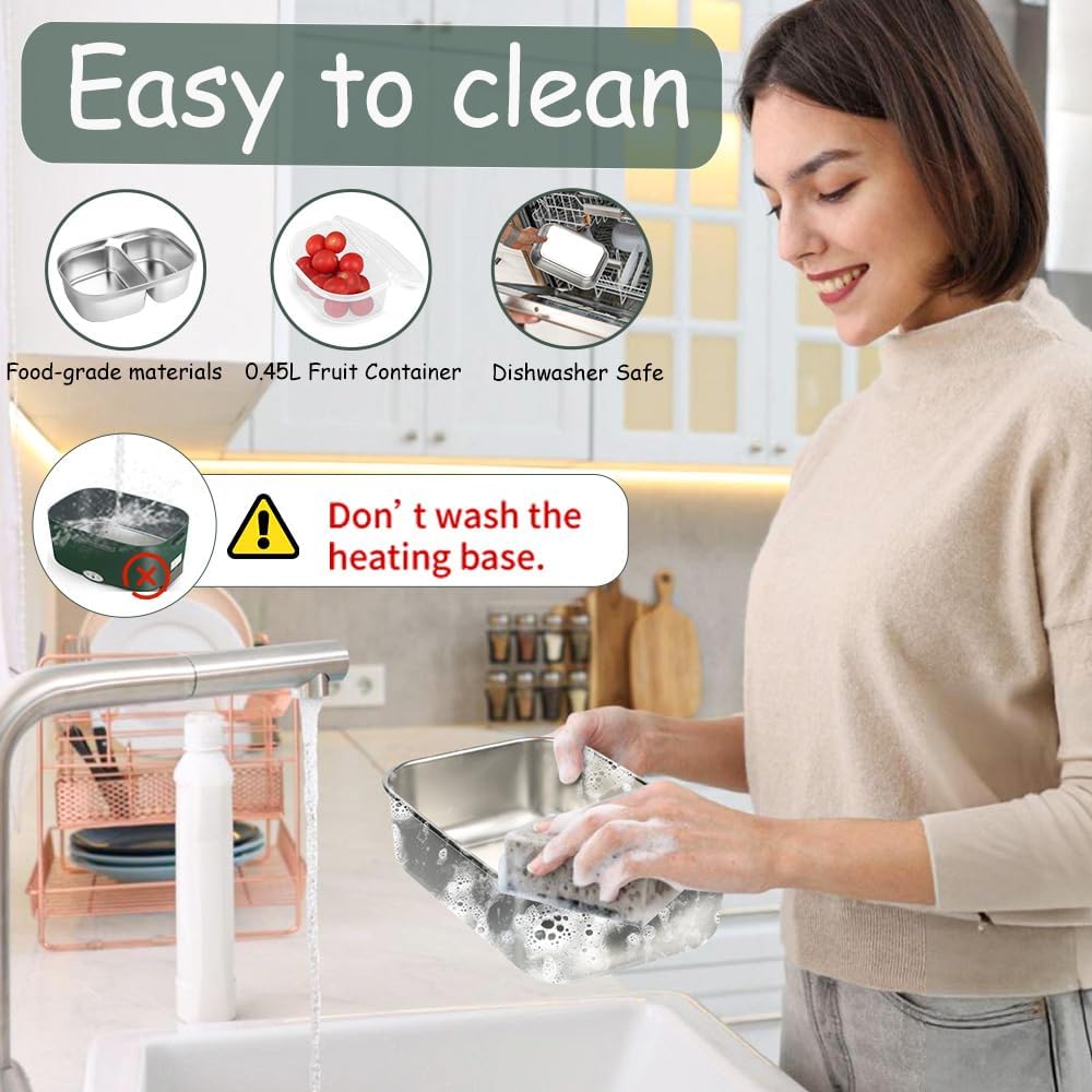 Electric Lunch Box for Adults - 1.5L Single/Double Layer Stainless Steel Food Warmer - 80W Fast PTC Heated Lunchbox, 12V/24V/110V Portable Food Heater for Car&Truck, Office, Camping, Travel(Green) - Image 6