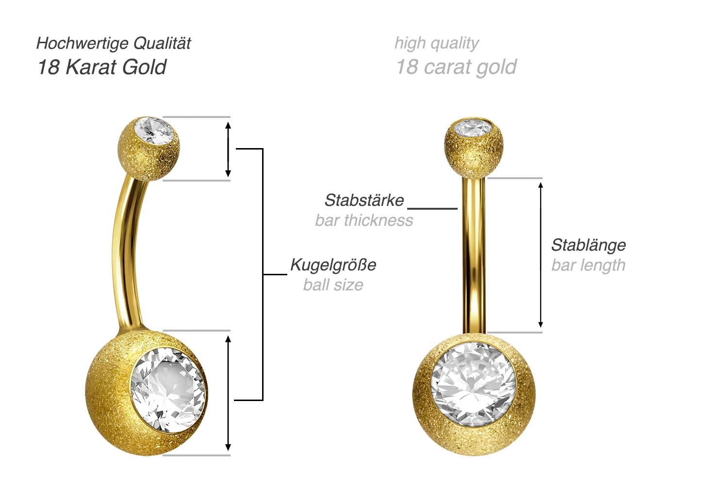 PIERCINGLINE 750er GOLD Bauchnabelpiercing | 18 KARAT | Diamantoptik & 2 Kristalle | Piercing Bananabell Banane | Farbauswahl