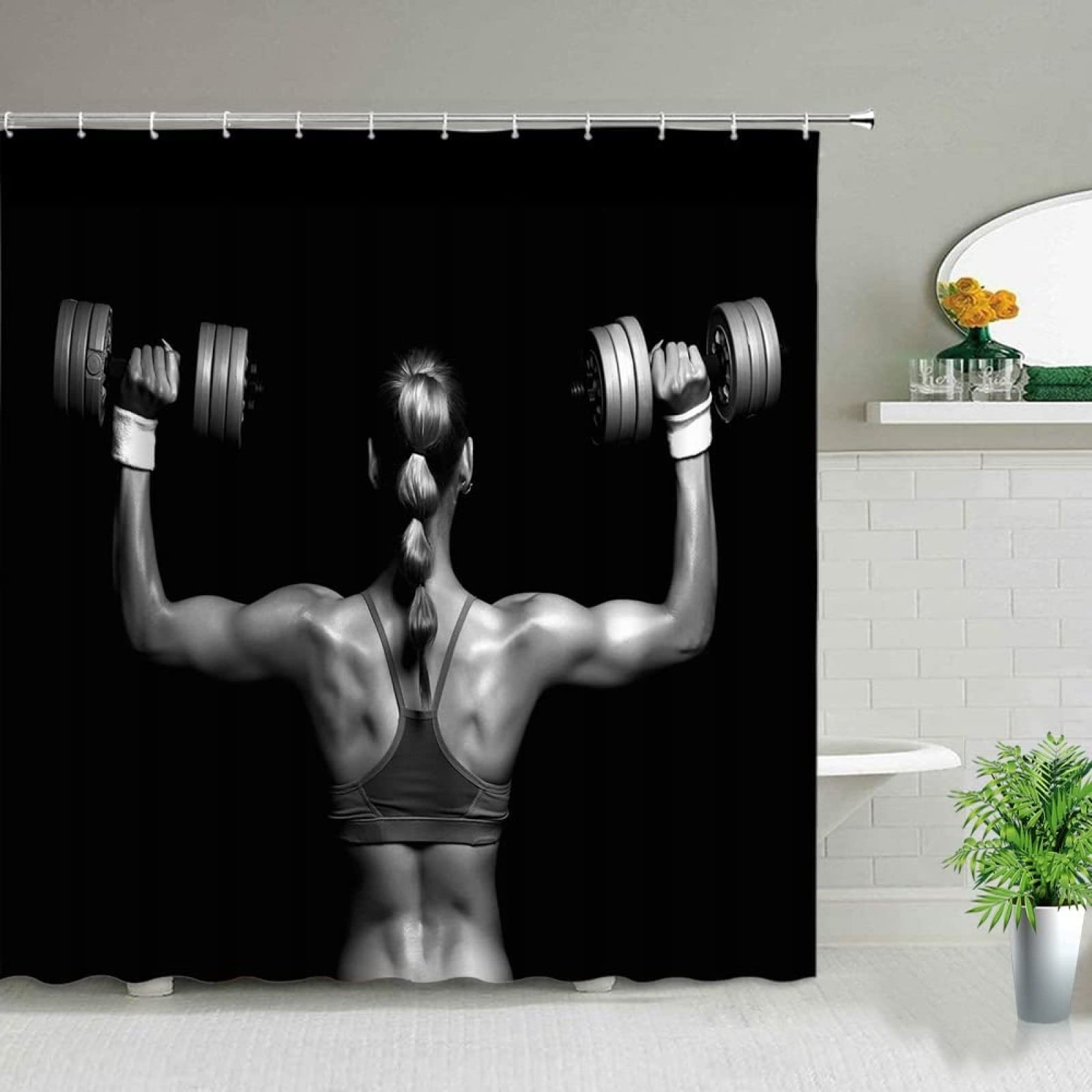 Tenda Doccia Fitness, Tenda Doccia Antimuffa 200x200 Donne Manubri Tende da Doccia in 3D Fitness Poliestere Tessuto Impermeabile Tenda da Bagno Decorativo