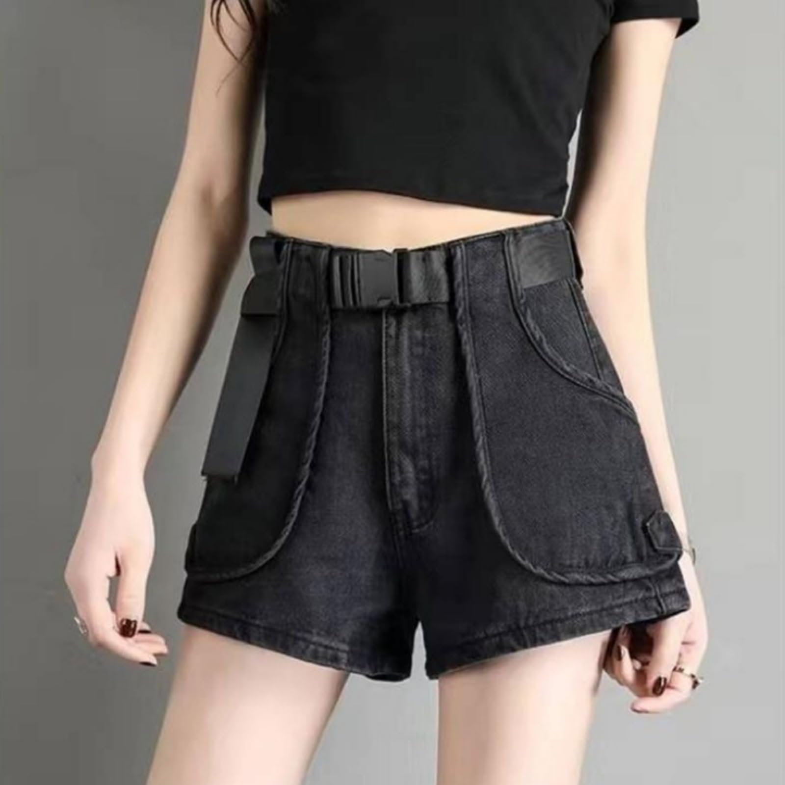 Shorts Jeans Donna Donne High Waist Denim Irregolare Frayed Raw Hem Distressed Punk A-Line Mini Hot Pants Estate-f02 Black-l