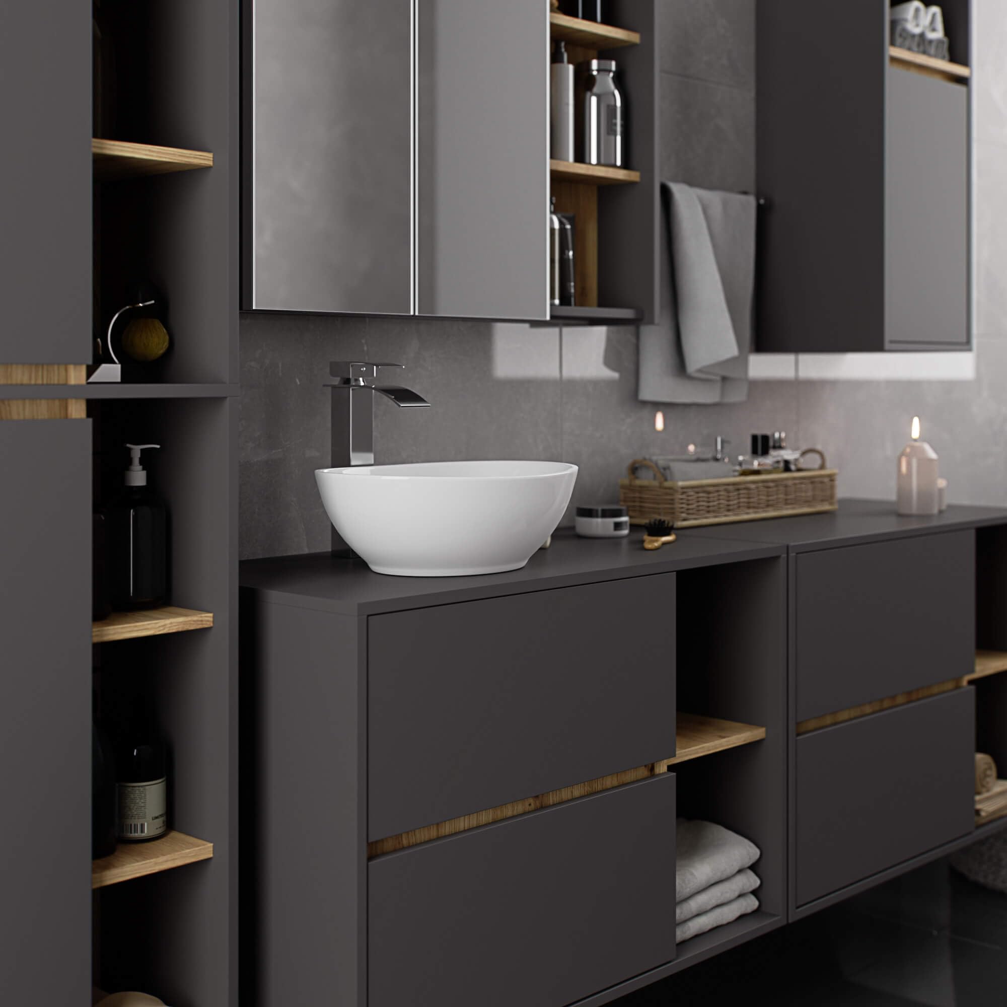 AKORD Mobile Bagno Sospeso con Lavabo - Mobile Lavabo Bagno 90 cm, 2 Cassetti - Moderno, Versatile - Per Montaggio a Parete - Vani Aperti - 90x60x45,5 cm - Grigio Grafite & Rovere Artisan