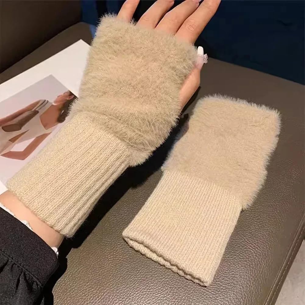 ECYC Women Fingerless Gloves, Plush Knitted Half Finger Glove Winter Warm Mittens Gloves for Working, Typing, Writing