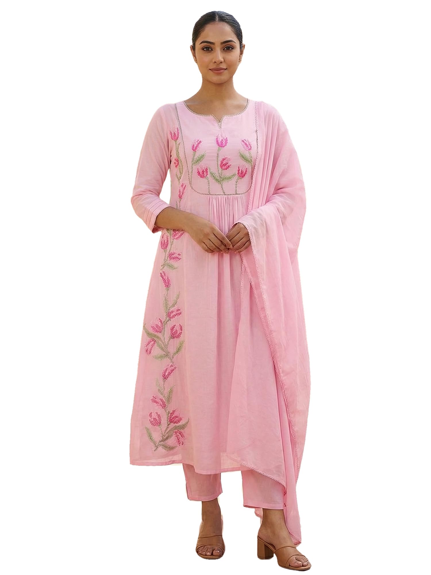 indo era Women's Pure Cotton Floral Embroidered A-Line Calf Length Kurta with Pant & Dupatta Set (IERAI11750)-picture-36