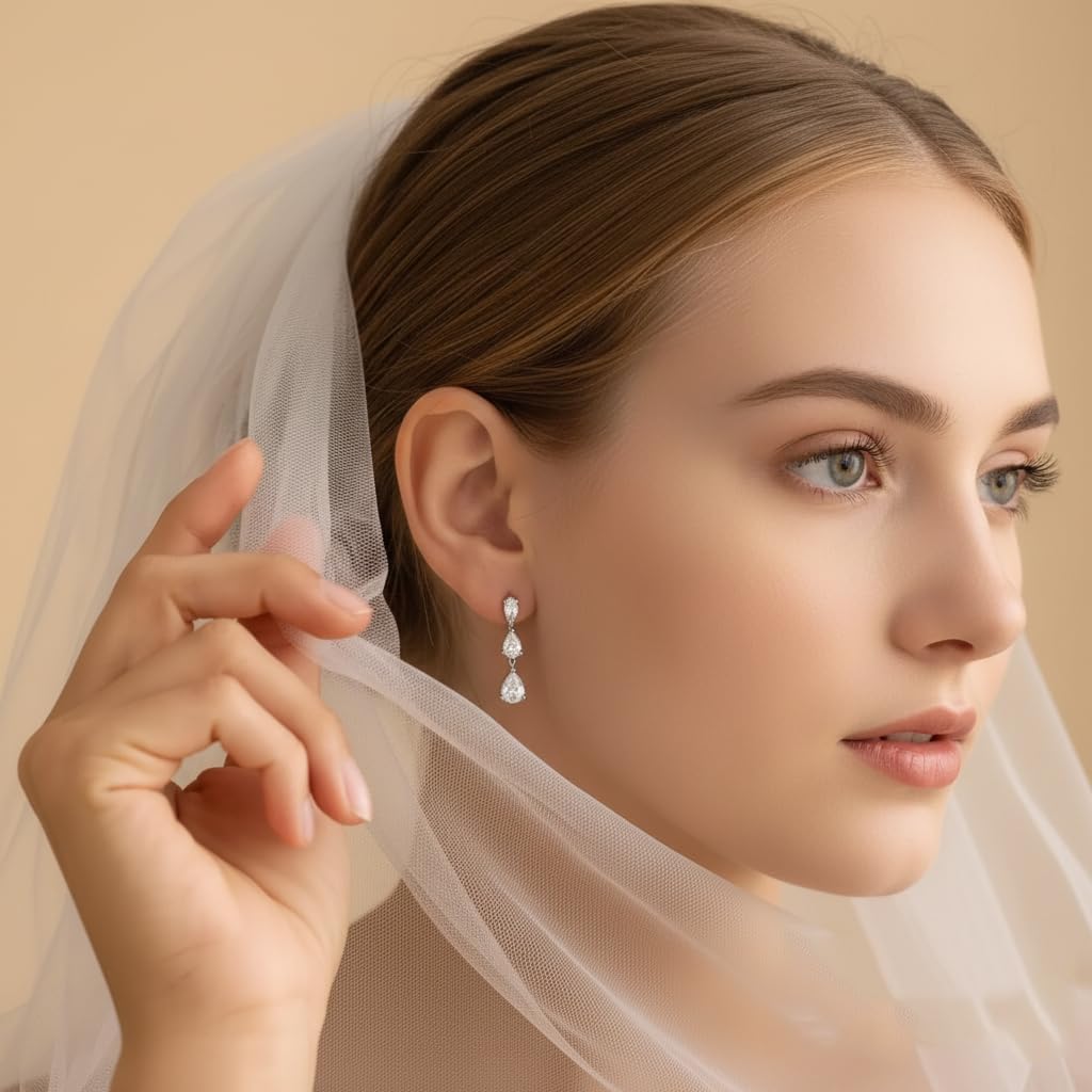 ZRU Sterling Silver Teardrop Dangle Earrings for Women, Elegant Long Cubic Zirconia Bridal Drop Earrings, Hypoallergenic Sparkly Dangly Wedding Jewelry Gifts for Brides & Bridesmaid - Image 5