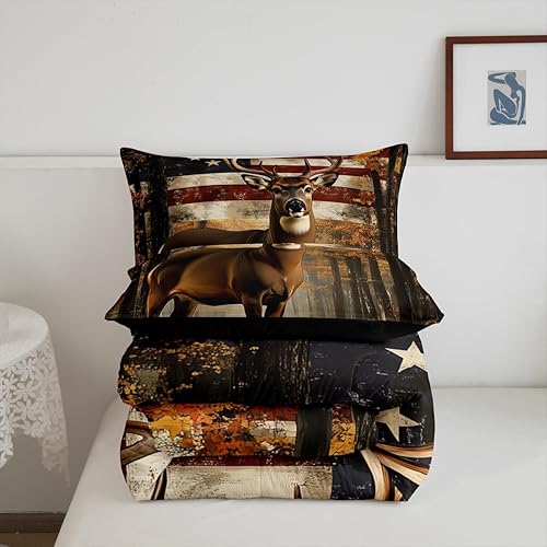 Miniatura 5 de Erosebridal Juego de edredón de caza de ciervos, tamaño individual, ropa de cama de ciervos con bandera estadounidense, juegos de edredón de alce y