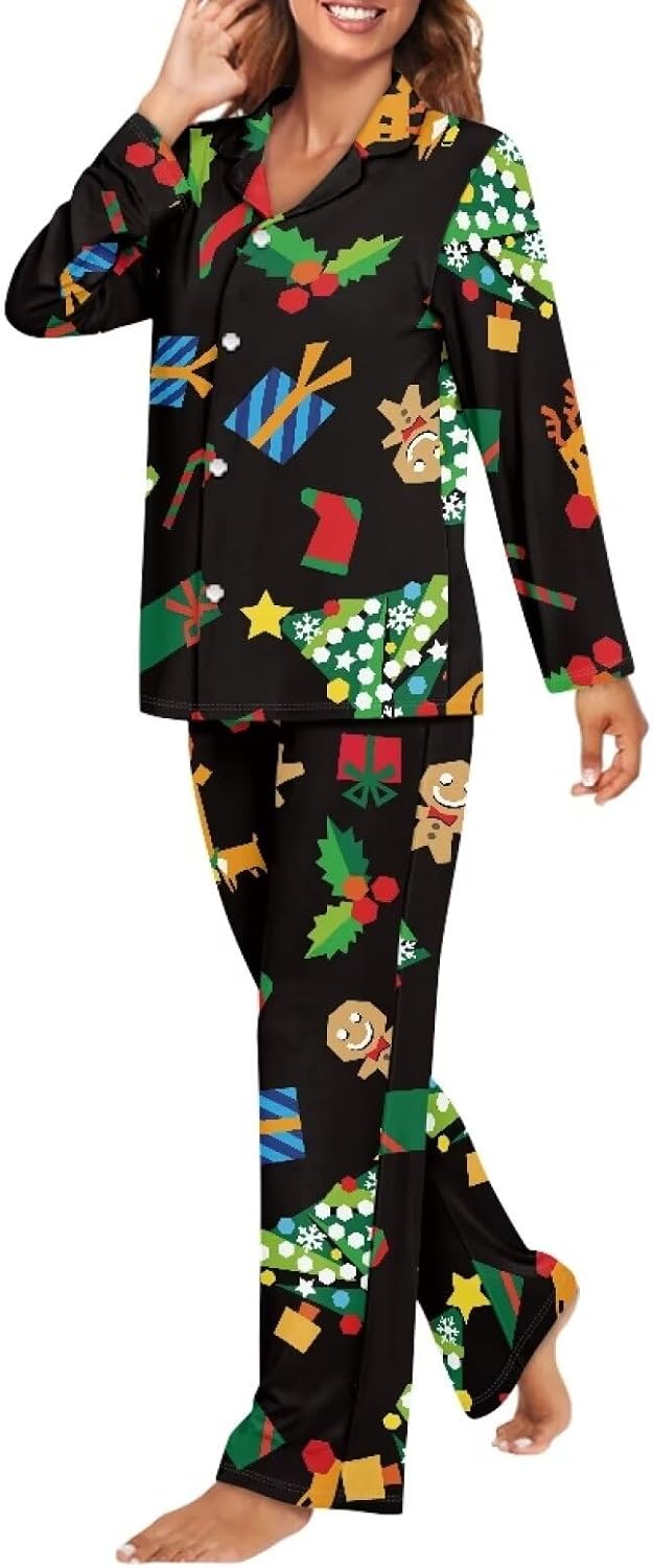 Family Matching Christmas Pajamas V-Neck Pajamas 2Pcs Set Button-Down Sleepwear Casual Home Wear