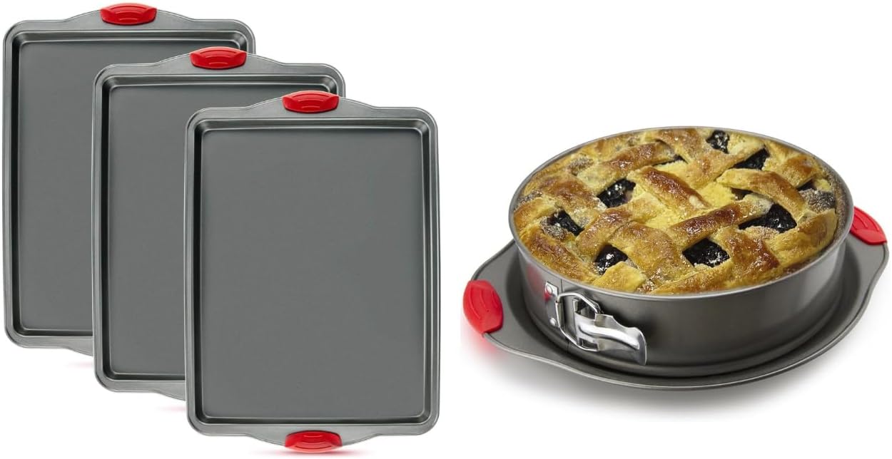 Set of 3 Heavy-Gauge Carbon Steel Cookie Sheets and 10-Inch Leakproof Springform Cake Pan with Silicone Handles – Durable, Warp-Resistant, Non-Toxic, Perfect for Baking and Cheesemaking